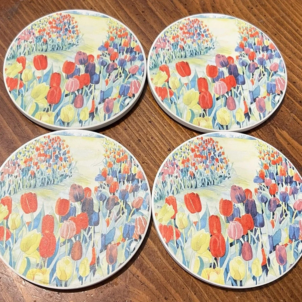 VTG Cape Shore Stone Coasters Tulips Floral Design Set Of Four NIB